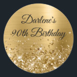 Glittery Gold Foil 90th Birthday Classic Round Sticker<br><div class="desc">Create your own fancy monogram stylish milestone 90th birthday celebration envelope seals for her. The background features a golden yellow ombre brushed metal style foil digital art graphic. Along the bottom is a band of gold faux sparkly glitter girly glam. Customise the font colour, size or style. The luxury sparkles,...</div>