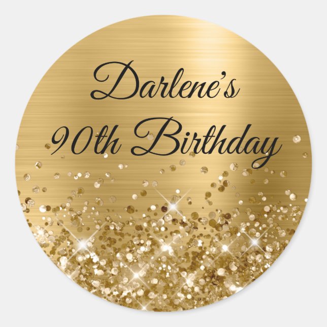 Glittery Gold Foil 90th Birthday Classic Round Sticker (Front)