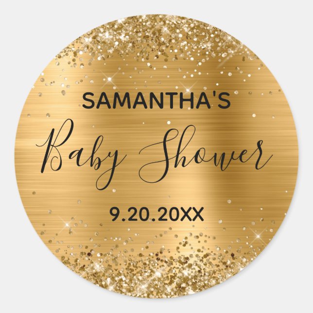 Glittery Gold Foil Baby Shower Classic Round Sticker (Front)