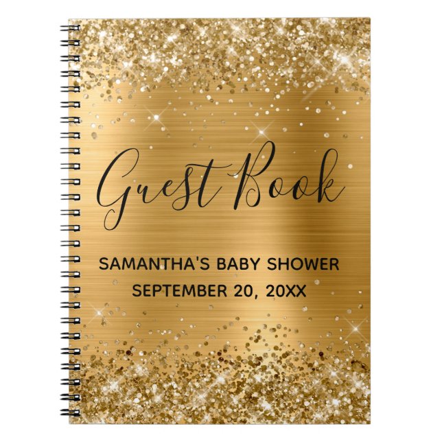 Glittery Gold Foil Baby Shower Guestbook Notebook (Front)