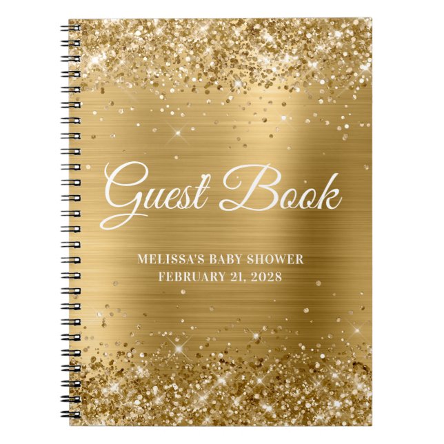 Glittery Gold Foil Baby Shower Guestbook Notebook (Front)
