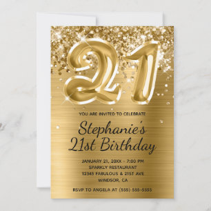 Glittery Gold Foil Balloon 21st Birthday Invitation