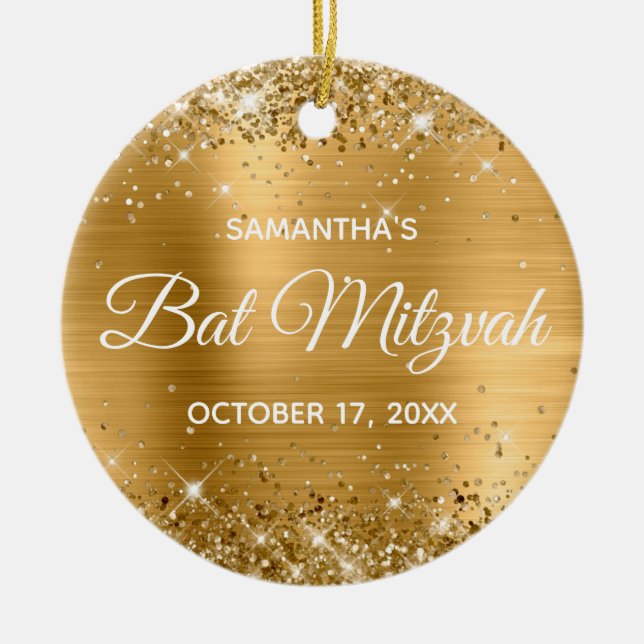 Glittery Gold Foil Bat Mitzvah Ceramic Ornament (Front)
