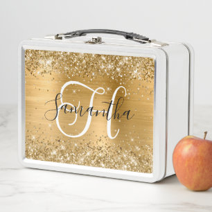 Glittery Gold Foil Black and White Monogram Metal Lunch Box