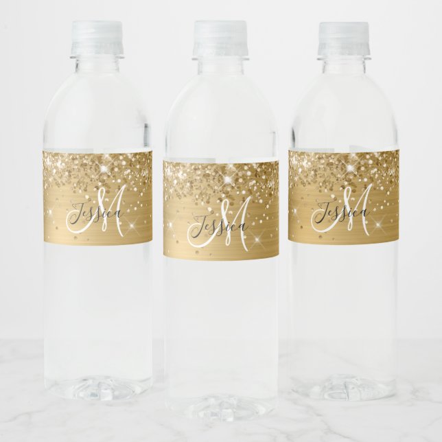 Glittery Gold Foil Black and White Monogram Water Bottle Label (Bottles)