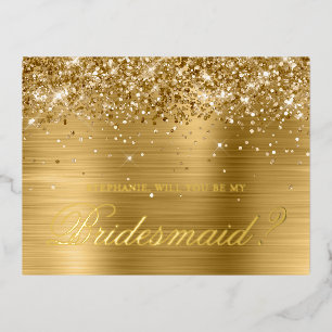 Glittery Gold Foil Bridesmaid Proposal Holiday Postcard
