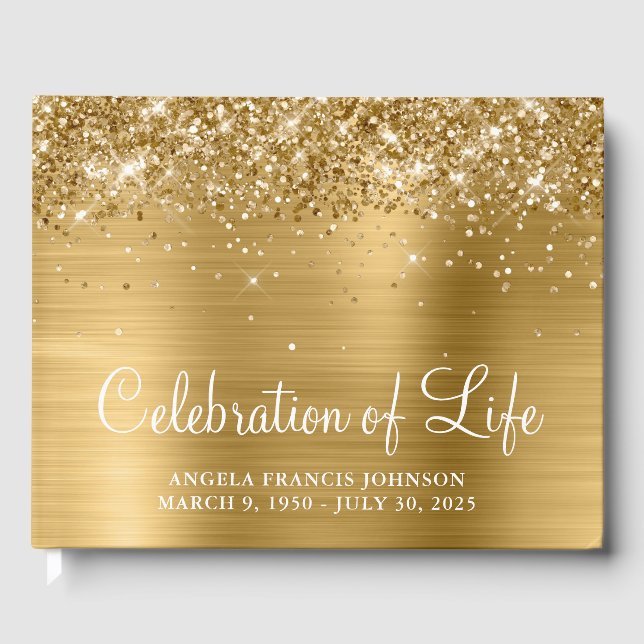 Glittery Gold Foil Celebration of Life Guest Book (Front)