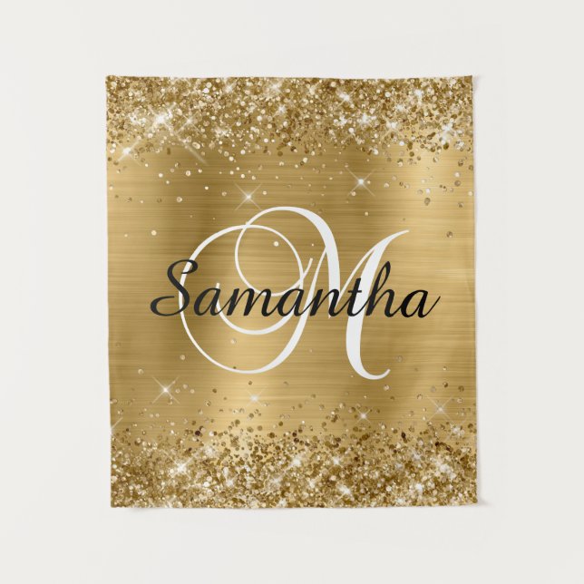 Glittery Gold Foil Classic Script M Monogram Tapestry (Front)