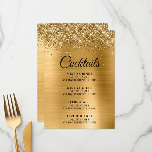 Glittery Gold Foil Cocktails Bar Menu (Front/Back In Situ)