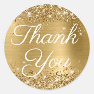 Glittery Gold Foil Elegant Calligraphy Thank You Classic Round Sticker