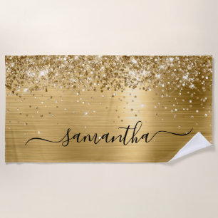Glittery Gold Foil Elegant Swash Signature Name Beach Towel