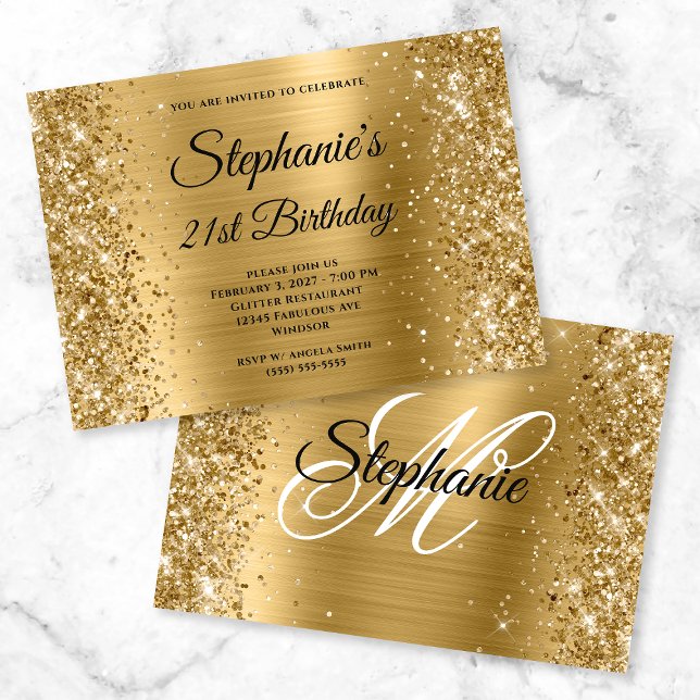 Glittery Gold Foil Fancy Monogram 21st Birthday Invitation (Creator Uploaded)