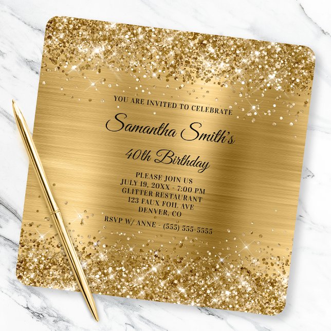 Glittery Gold Foil Fancy Monogram 40th Birthday Invitation (Creator Uploaded)