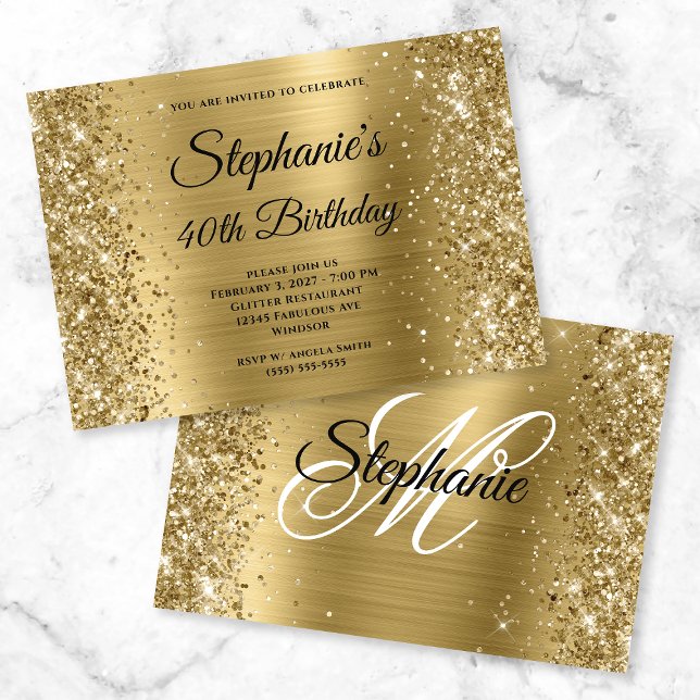Glittery Gold Foil Fancy Monogram 40th Birthday Invitation (Creator Uploaded)