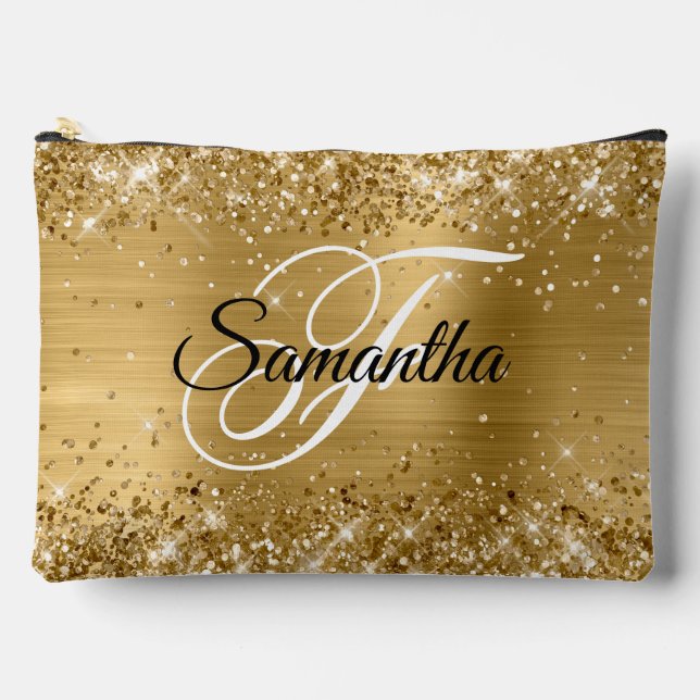 Glittery Gold Foil Fancy Monogram Accessory Pouch (Front)