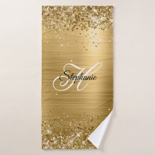 Glittery Gold Foil Fancy Monogram Bath Towel