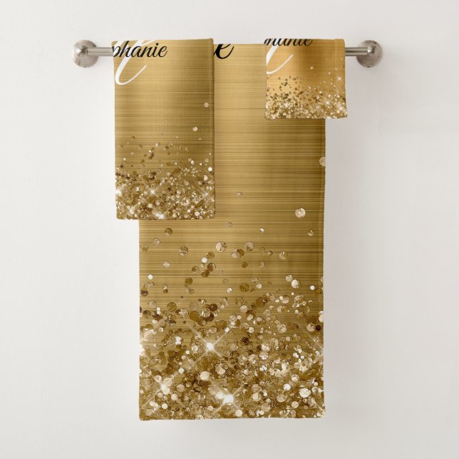 Glittery Gold Foil Fancy Monogram Bath Towel Set (Insitu)
