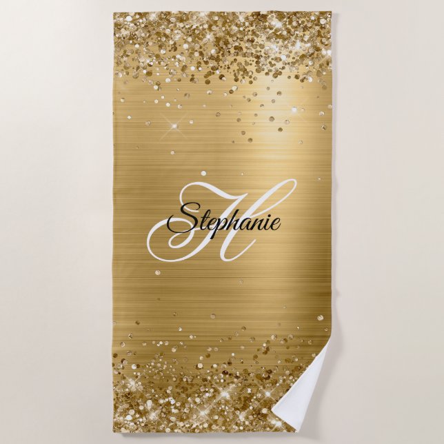Glittery Gold Foil Fancy Monogram Beach Towel (Front)