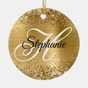 Glittery Gold Foil Fancy Monogram Ceramic Ornament