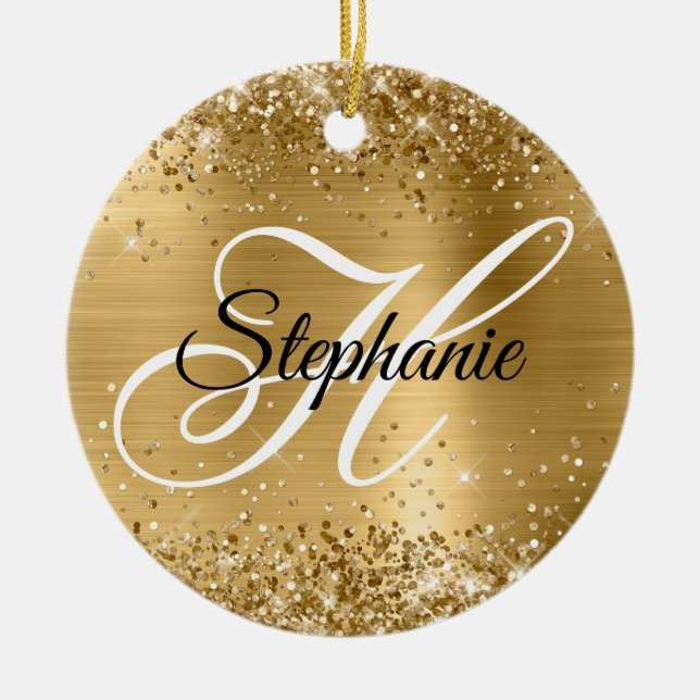 Glittery Gold Foil Fancy Monogram Ceramic Ornament (Front)