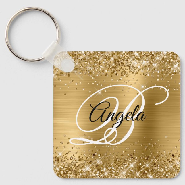 Glittery Gold Foil Fancy Monogram Key Ring (Front)