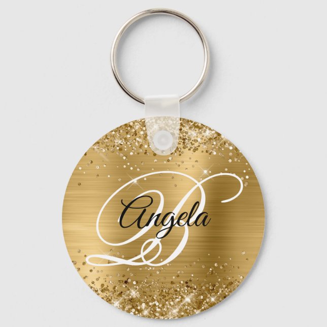 Glittery Gold Foil Fancy Monogram Key Ring (Front)