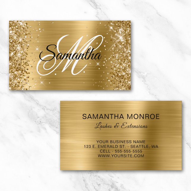 Glittery Gold Foil Fancy Monogram Lashes Business Card (Glittery Gold Foil Fancy Monogram Lashes Business Card)