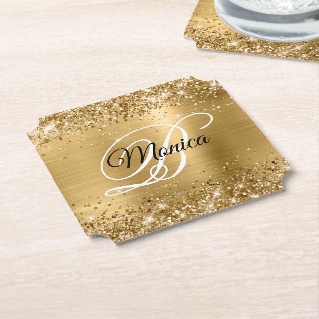Glittery Gold Foil Fancy Monogram Paper Coaster (Angled)