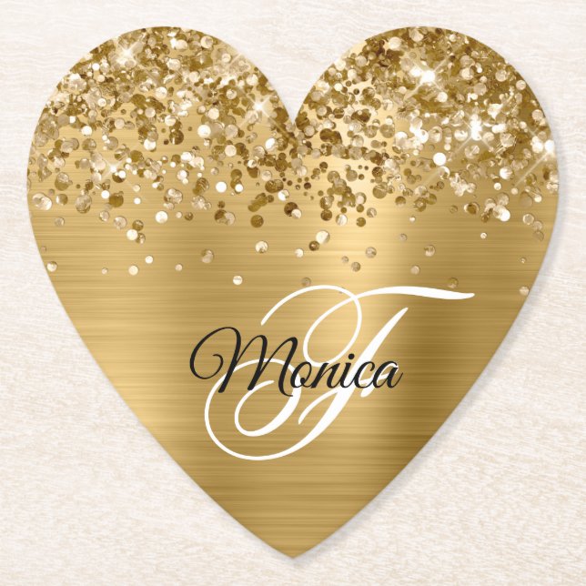 Glittery Gold Foil Fancy Monogram Paper Coaster (Front)