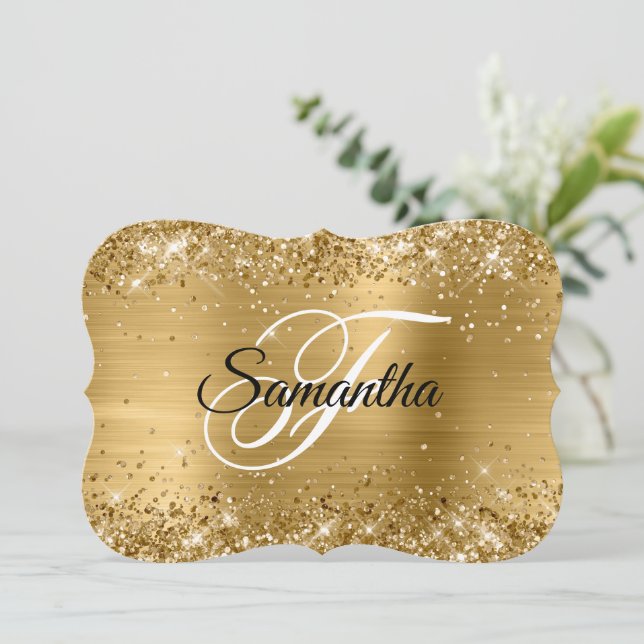 Glittery Gold Foil Fancy Monogram Place Card (Standing Front)