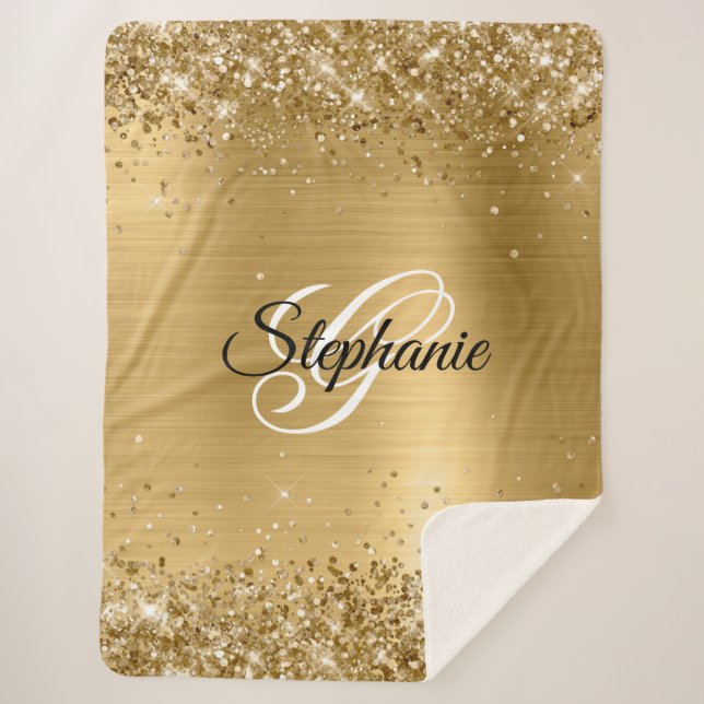 Glittery Gold Foil Fancy Monogram Sherpa Blanket (Front)