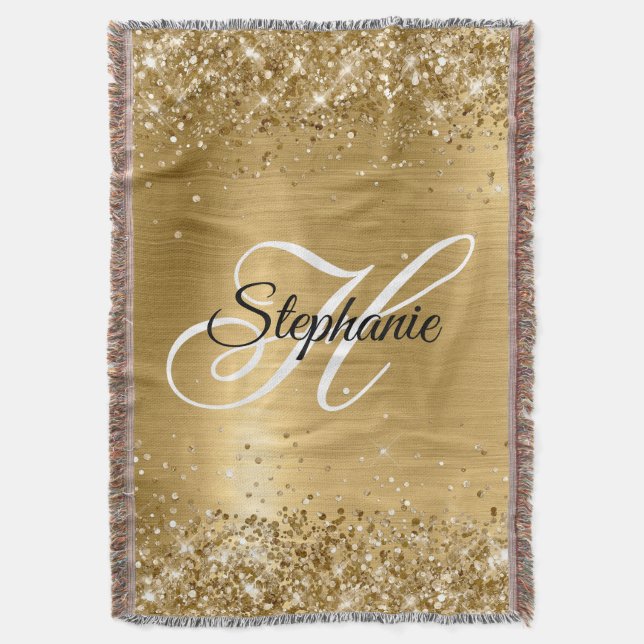 Glittery Gold Foil Fancy Monogram Throw Blanket (Front Vertical)