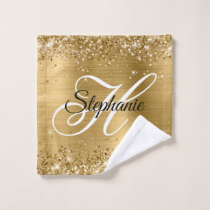 Glittery Gold Foil Fancy Monogram Wash Cloth
