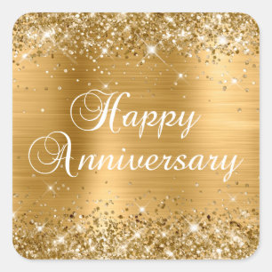 Glittery Gold Foil Happy Anniversary Square Sticker