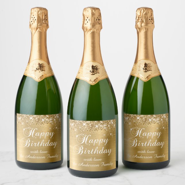 Glittery Gold Foil Happy Birthday Sparkling Wine Label (Bottles)
