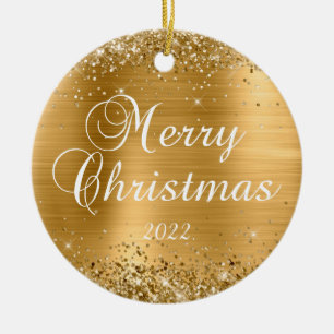 Glittery Gold Foil Merry Christmas Photo Ceramic Ornament