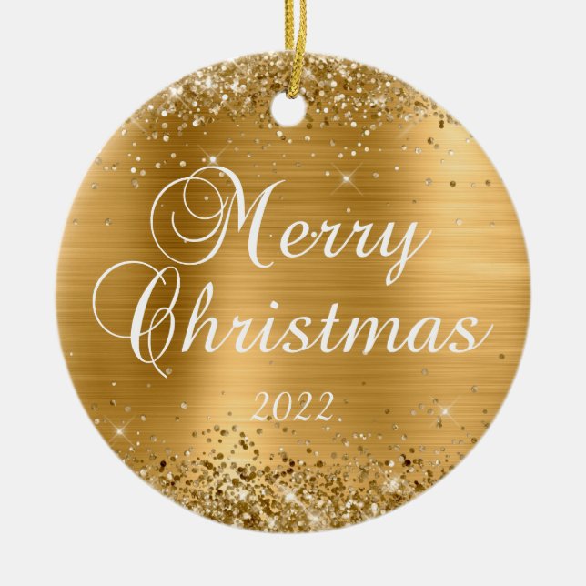 Glittery Gold Foil Merry Christmas Photo Ceramic Ornament (Front)