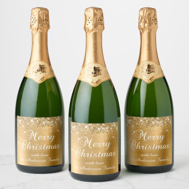 Glittery Gold Foil Merry Christmas Sparkling Wine Label (Bottles)