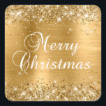 Glittery Gold Foil Merry Christmas Square Sticker<br><div class="desc">Fancy calligraphy Merry Christmas party favour stickers for your special holiday celebration. Girly faux sparkly gold glitter on the top and bottom edge over a faux golden brushed metal style ombre foil. The colour of the old-fashioned text graphic can be changed. The main colours are golden yellow, beige, gold, black...</div>