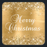 Glittery Gold Foil Merry Christmas Square Sticker<br><div class="desc">Fancy calligraphy Merry Christmas party favour stickers for your special holiday celebration. Girly faux sparkly gold glitter on the top and bottom edge over a faux golden brushed metal style ombre foil. The colour of the old-fashioned text graphic can be changed. The main colours are golden yellow, beige, gold, black...</div>