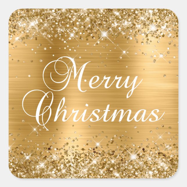 Glittery Gold Foil Merry Christmas Square Sticker (Front)