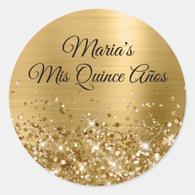 Glittery Gold Foil Mis Quince Años Classic Round Sticker (Front)