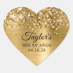 Glittery Gold Foil Mis XV Años Heart Sticker