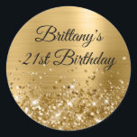 Glittery Gold Foil Modern 21st Birthday Classic Round Sticker<br><div class="desc">Create your own fancy monogram stylish milestone 21st birthday celebration envelope seals for her. The background features a golden yellow ombre brushed metal style foil digital art graphic. Along the bottom is a band of gold faux glitter girly glam. Customise the font colour, size or style. The luxury sparkles, glitter...</div>