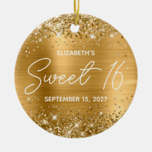 Glittery Gold Foil Modern Fancy Sweet 16 Photo Ceramic Ornament