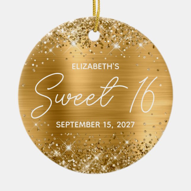 Glittery Gold Foil Modern Fancy Sweet 16 Photo Ceramic Ornament (Front)