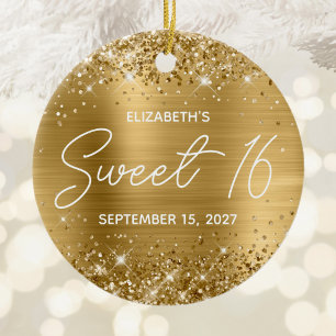 Glittery Gold Foil Modern Fancy Sweet 16 Photo Ceramic Ornament