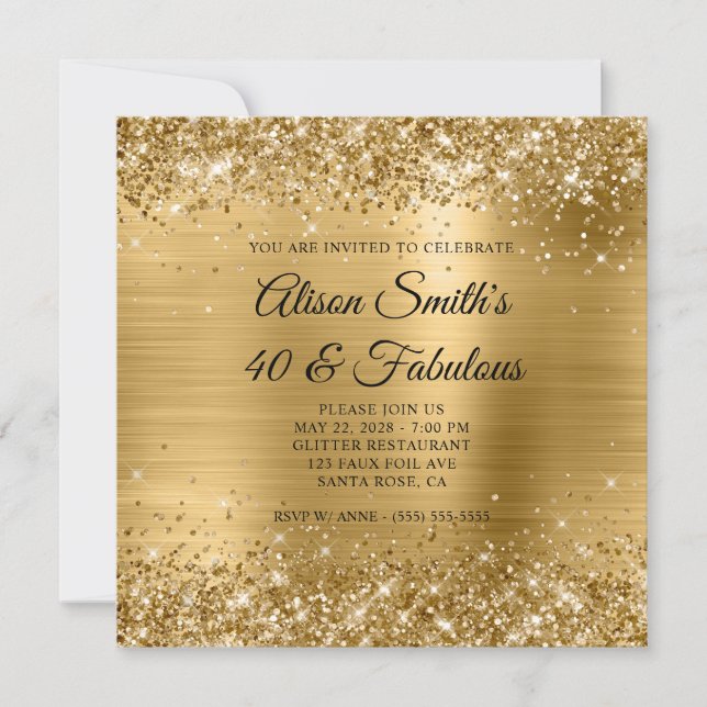 Glittery Gold Foil Monogram 40 & Fabulous Invitation (Front)