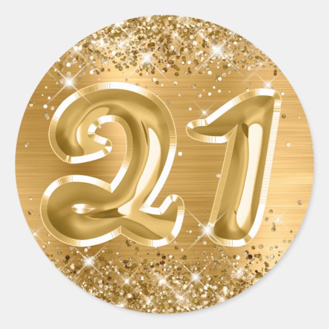 Glittery Gold Foil Number 21 Birthday Classic Round Sticker (Front)