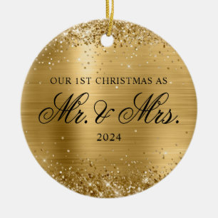 Glittery Gold Foil Our 1st Christmas Photo Ceramic Ornament